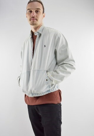 VINTAGE RALPH LAUREN DENIM HARRINGTON JACKET IN LIGHT BLUE.