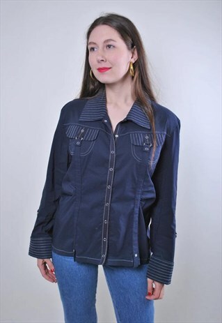 WOMEN VINTAGE CASUAL BLUE BLOUSE WITH STRIPED SLEEVE 
