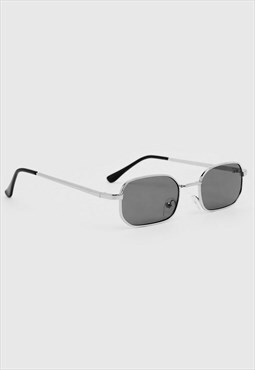 70's Rectangle Hexagon Sunglasses Shades - Silver/Black