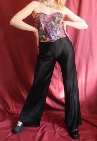VINTAGE 70S BLACK SATIN WIDE LEG HIGH WAIST TROUSERS FLARES