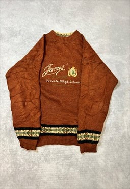 Vintage Knitted Jumper Embroidered College Patterned Sweater