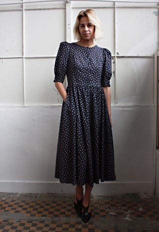 VINTAGE 80S BEAUTIFUL CUTE NAVY BLUE DOTED DRESS