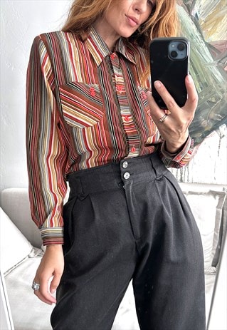 Vintage 70s Striped brown Shirt - Large 