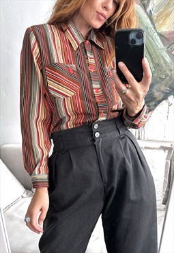 Vintage 70s Striped brown Shirt - Large 