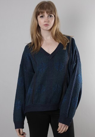 VINTAGE 80S GABICCI BLUE STRIPE PATTERNED V NECK JUMPER