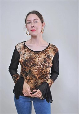 y2k floral blouse, vintage mesh ruffle top - MEDIUM