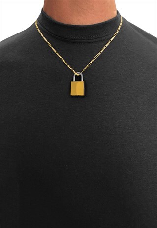18" 20MM PADLOCK 4MM FIGARO NECKLACE CHAIN - GOLD