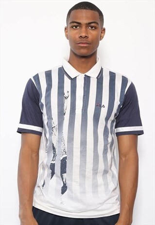 VINTAGE FILA LOGO STRIPED POLO SHIRT WHITE AND BLUE