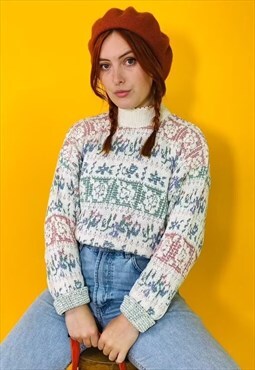 Vintage Chunky Knitted Pastel Abstract Patterned Jumper
