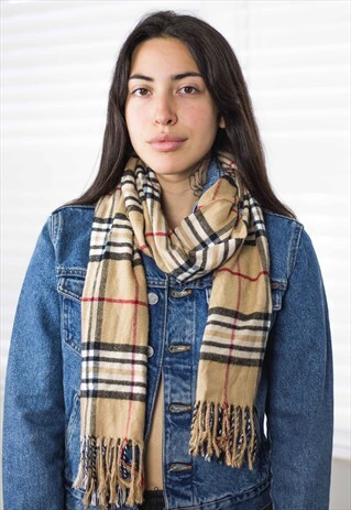 VINTAGE CHECKED PLAID SCARF CASHMERE 90S X 3.9