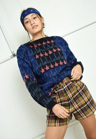 VINTAGE 70'S RETRO ABSTRACT PATTERN WOOL KNIT CHUNKY JUMPER