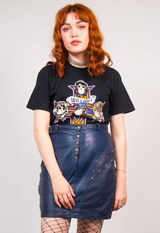 VINTAGE 90'S DARK BLUE LEATHER STUDDED MINI SKIRT