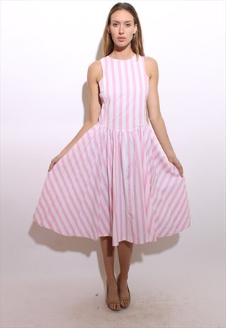 VINTAGE 1980'S 80'S PASTEL PINK WHITE STRIPED SUN DRESS L-XL