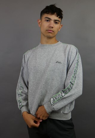 GREY ASICS SWEATSHIRT WITH GREEN TAPED SLEEVES