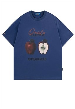 Apple print t-shirt fruit tee deceptive slogan top in blue