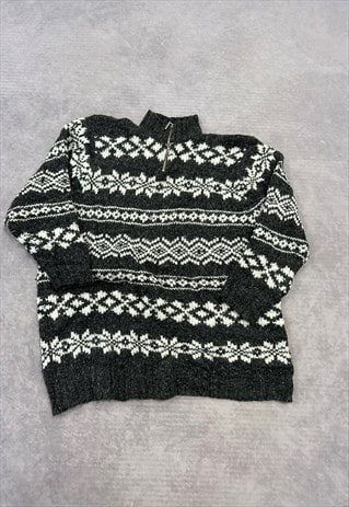 VINTAGE KNITTED JUMPER ABSTRACT PATTERNED 1/4 ZIP SWEATER