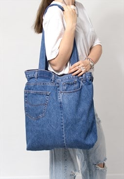 Handmade denim tote bag blue upcycled shoulder shopper