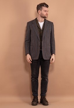 Vintage 70's Men Plaid Wool Blazer in Gray