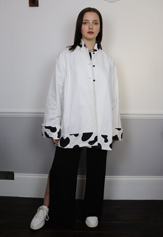 90S OVERSIZED WHITE COW PRINT OPEN JACKET SHACKET