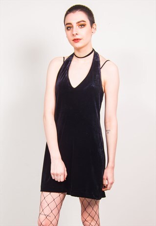 VINTAGE 90'S BLACK VELVET HALTER NECK MINI DRESS