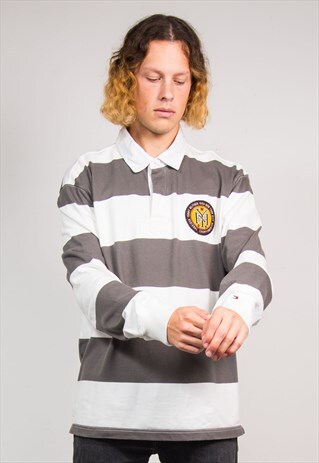 VINTAGE 90'S TOMMY HILFIGER GREY STRIPE POLO RUGBY SHIRT