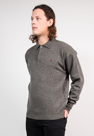 VINTAGE 90'S RALPH LAUREN GREY COLLARED KNIT JUMPER