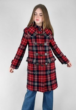 Vintage E.LAND  Ladies Red Tarten Check Hooded Duffle Coat