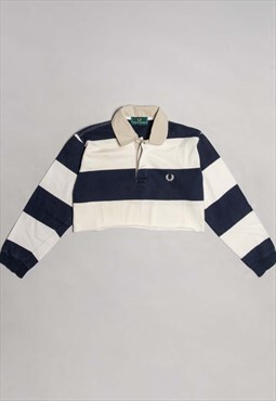 Y2k Fred Perry Cropped Blue Striped Long Sleeve Polo Shirt