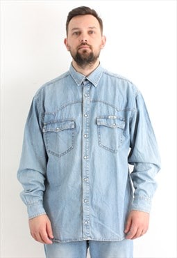 HIS XL Denim Shirt Snap Western Wash Out Jacket Cowboy Top