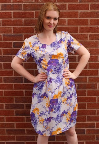 VINTAGE 80'S MINI DRESS PURPLE YELLOW & GREY FLORAL V NECK