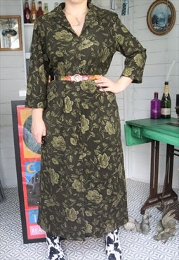 Revival 80s Brown Floral Flower Flowery Pattern Maxi Dress