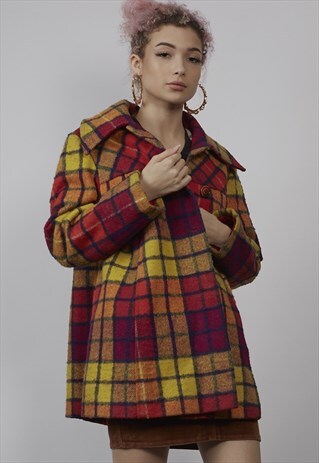 VINTAGE 70'S A-LINE MULTICOLOUR TARTAN COAT