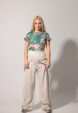 Oversized linen trousers with double waist and belt 