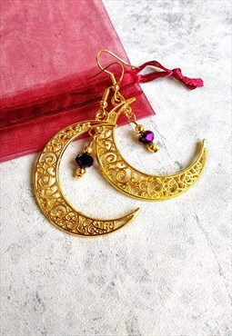 Golden Statement Moon Purple Facet Crystal Earrings