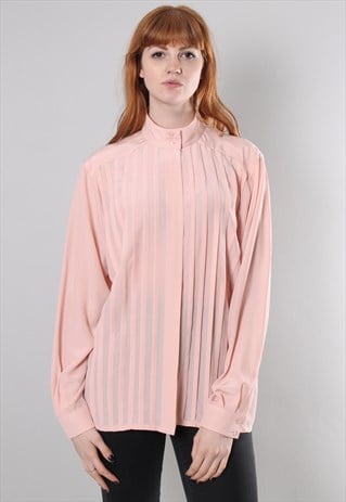 VINTAGE 80S PINK HIGH NECK PLEAT BLOUSE