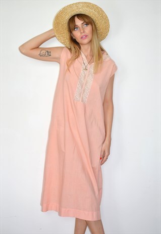 VINTAGE 1940S SLEEVELESS PASTEL PEACH PINK MIDI SLIP DRESS