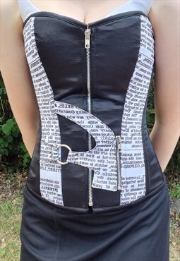 New Boned Newspaper Print Gothic Zip Up Basque Corset Size S