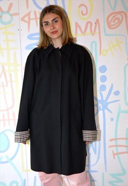 Coat Black Wool Aquascutum Check Lining Vintage Size 14
