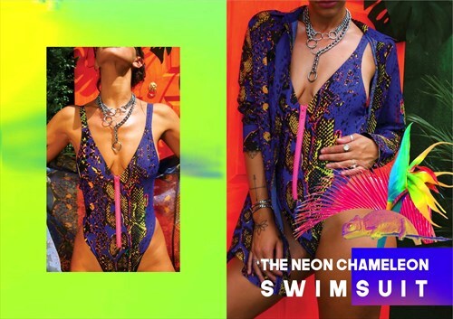 High leg, drop waisted swimsuit in blue snakeskin print with low back and neon pink chunky front zipper elsie and fred