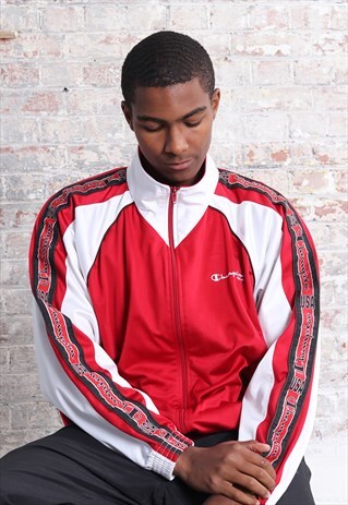 VINTAGE CHAMPION TAPE LOGO TRACK JACKET RED WHITE BLACK