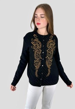 50's Vintage Black Cardigan Gold Sequin Long Sleeve Ladies