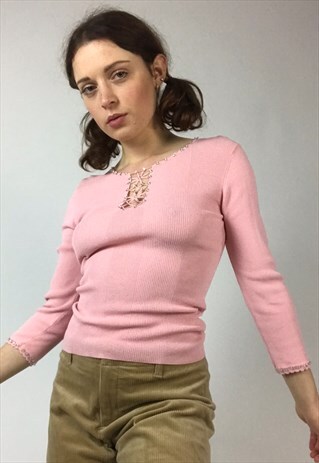 VINTAGE Y2K PINK RIBBED DIAMANTE RHINESTONE TOP