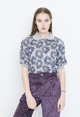 VINTAGE GREY FLORAL SHORT SLEEVE RETRO SWEATER