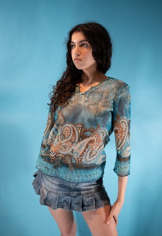 VINTAGE Y2K SIZE M SEMI SHEER PAISLEY PRINTED TOP IN BLUE.