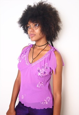 PURPLE V NECK EMBROIDERY TOP