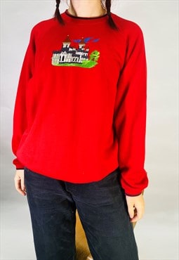 Vintage Size L Castle Embroidered Sweatshirt in Red