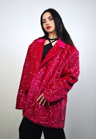 Pink sequin blazer party jacket embellished festival bomber