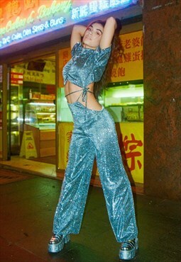 Backless Sparkly Glitter Disco Party Jumpsuit With High Neck