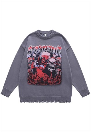 DEVIL PRINT SWEATER RIPPED JUMPER SHEER GOTHIC TOP IN GREY