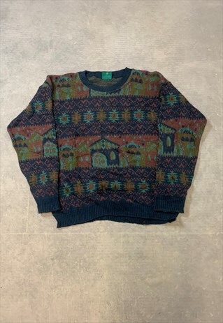 VINTAGE KNITTED JUMPER ABSTRACT HOUSE PATTERNED SWEATER